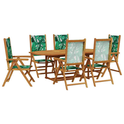 7 Piece Garden Dining Set Leaf Pattern Fabric and Solid Wood