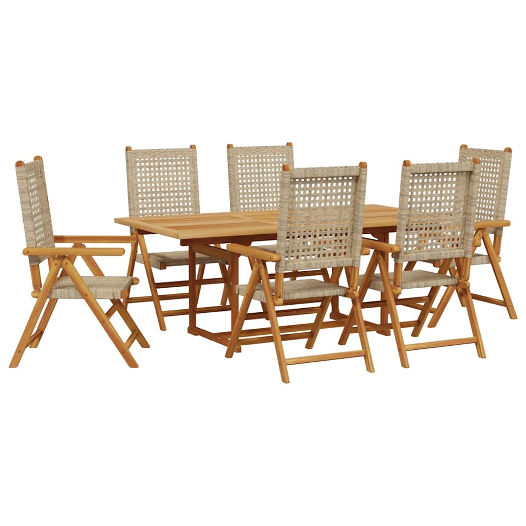 7 Piece Garden Dining Set Beige Poly Rattan and Solid Wood