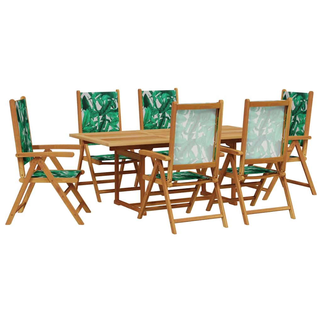 7 Piece Garden Dining Set Leaf Pattern Fabric and Solid Wood
