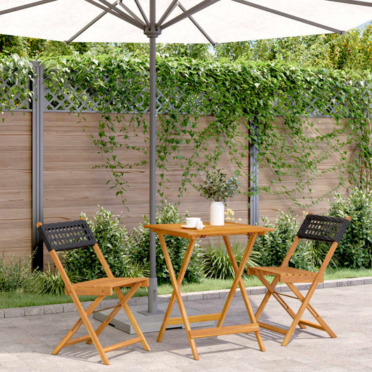 Bistro Set | Black | Solid acacia wood, PE rattan | Compact | Foldable