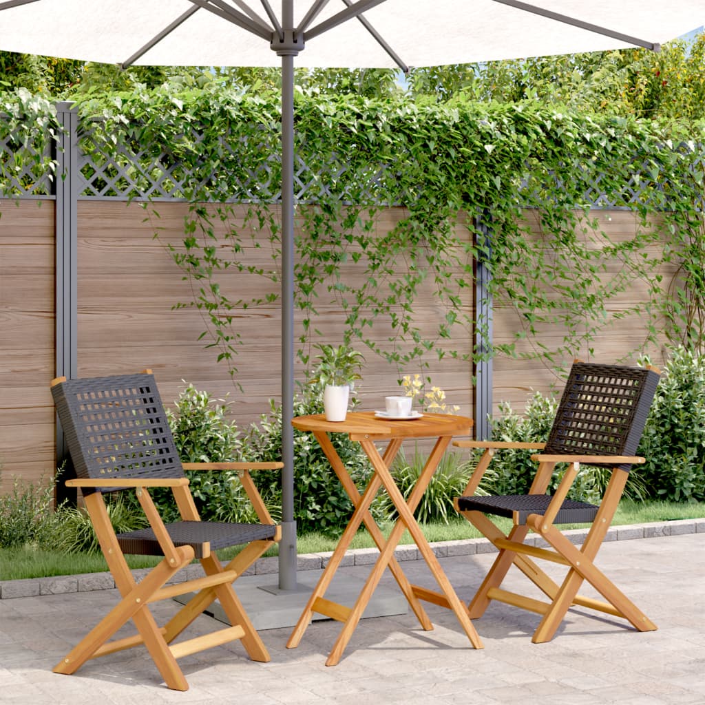 Bistro Set | Black | Poly Rattan, Solid Acacia wood with an oil finish