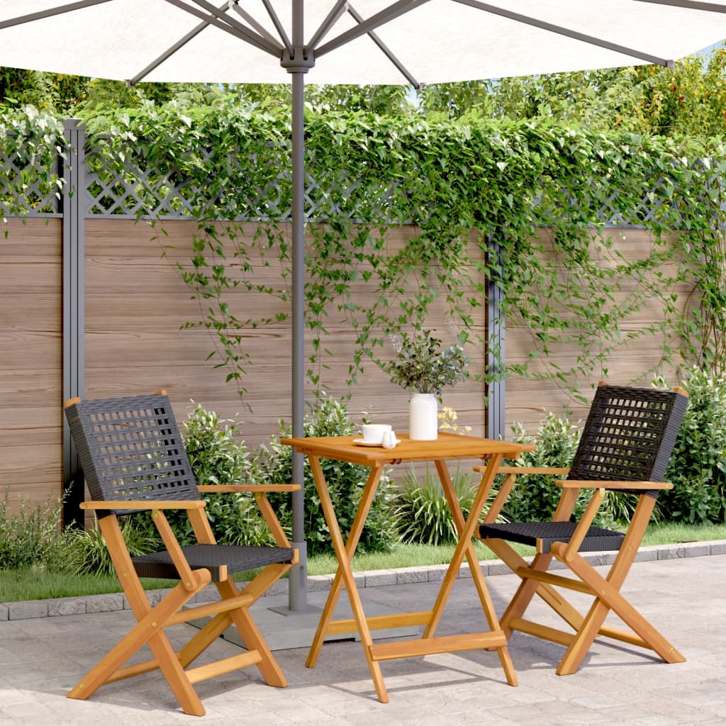 Bistro Set | Black | Solid acacia wood, PE rattan | Compact | Foldable