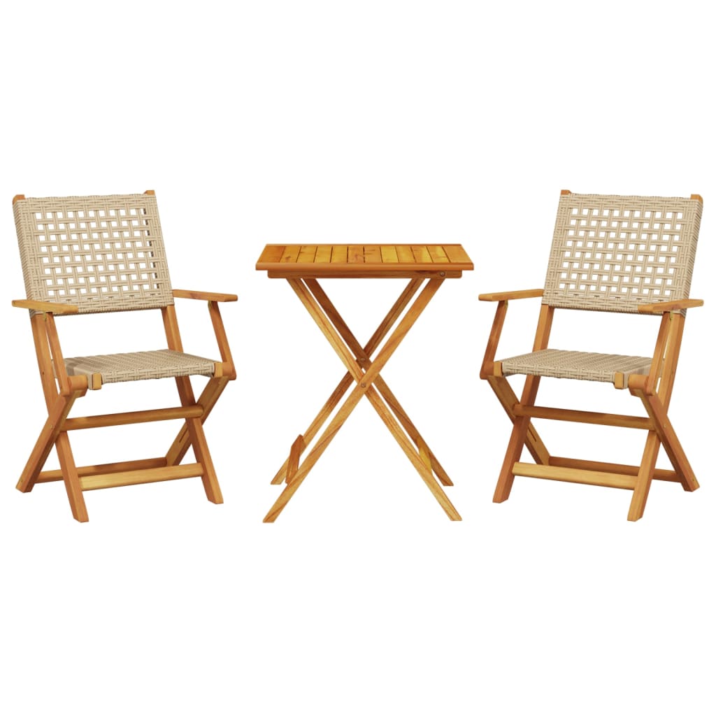Bistro Set | Beige | Solid acacia wood and PE rattan | Foldable