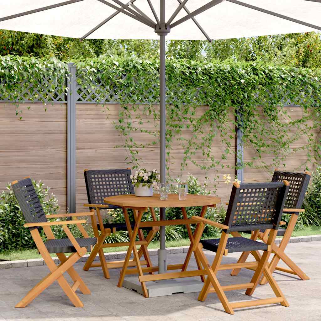5 Piece Garden Dining Set Black Poly Rattan and Solid Wood
