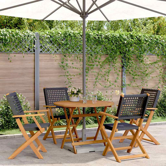 5 Piece Garden Dining Set Black Poly Rattan and Solid Wood