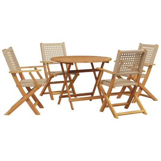 5 Piece Garden Dining Set Beige Poly Rattan and Solid Wood