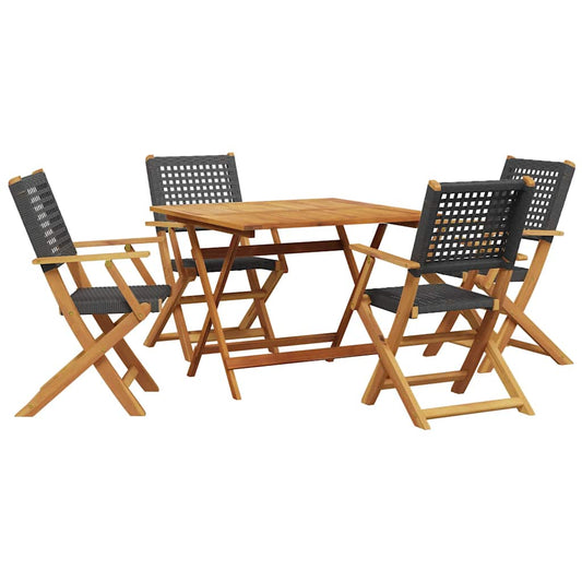 5 Piece Garden Dining Set Black Poly Rattan and Solid Wood