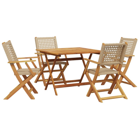5 Piece Garden Dining Set Beige Poly Rattan and Solid Wood