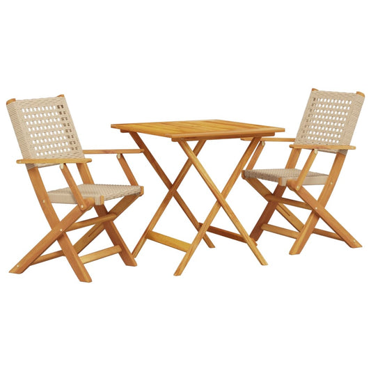 Bistro Set | Beige | Solid acacia wood, Poly Rattan | Compact | Foldable