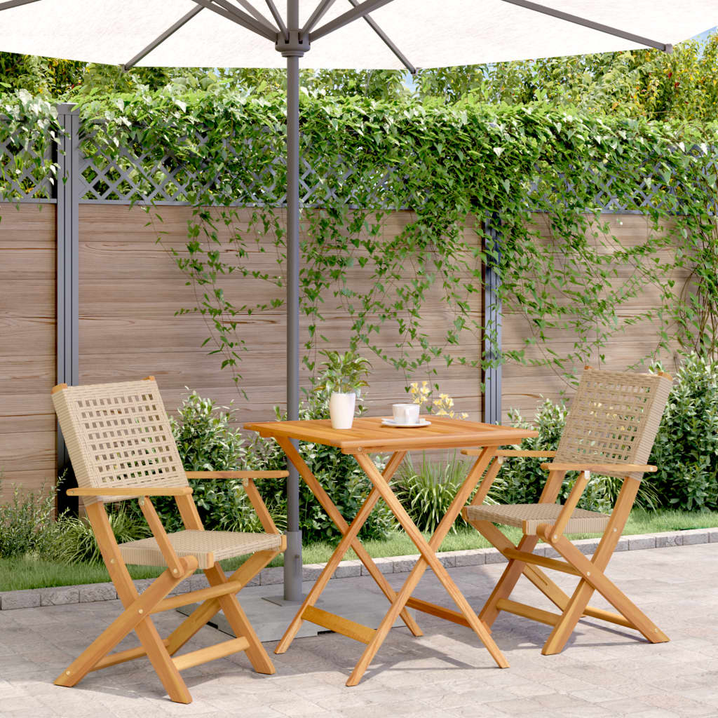 Bistro Set | Beige | Solid acacia wood, Poly Rattan | Compact | Foldable