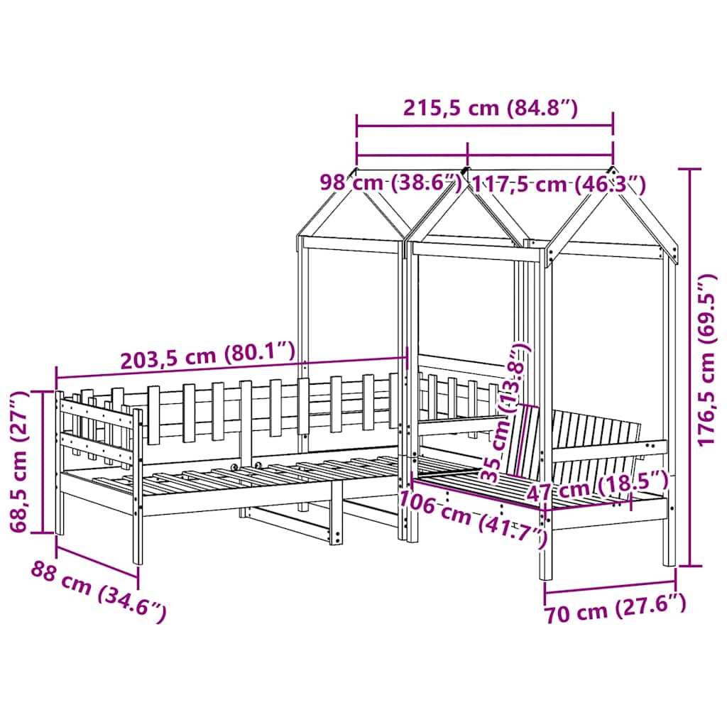 Day Bed and Bench Set with Roof without Mattress White 80x200cm