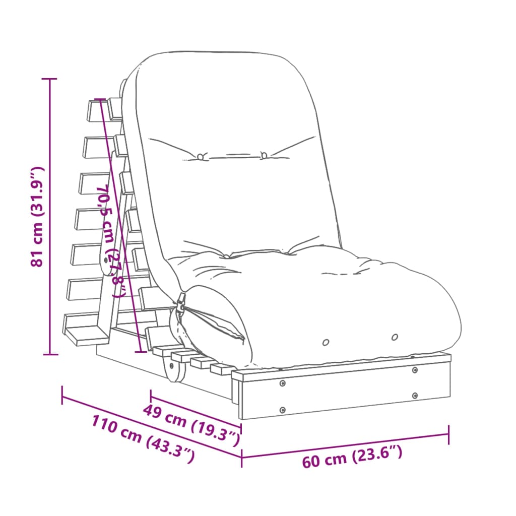 Close-up of Futon Sofa Bed with Mattress 60x206x11 cm featuring vacuum pressure impregnated wood pine construction and soft foam mattress in stylish design.