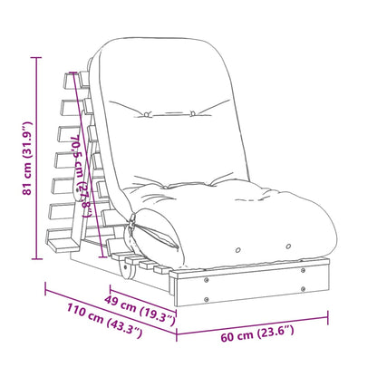 Close-up of Futon Sofa Bed with Mattress 60x206x11 cm featuring vacuum pressure impregnated wood pine construction and soft foam mattress in stylish design.