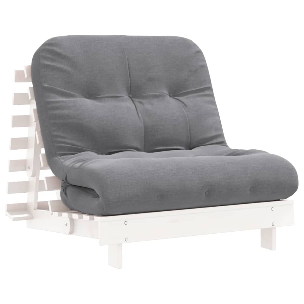 Close-up of the Futon Sofa Bed with Mattress White 80x206x11 cm Solid Wood Pine highlighting the durable solid pine wood material.