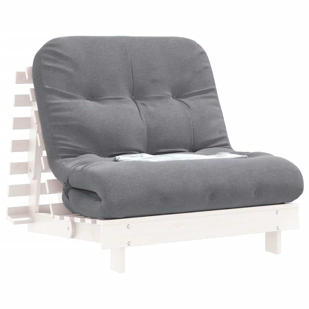 Futon Sofa Bed with Mattress White 80x206x11 cm Solid Wood Pine when folded, ideal for small living areas.