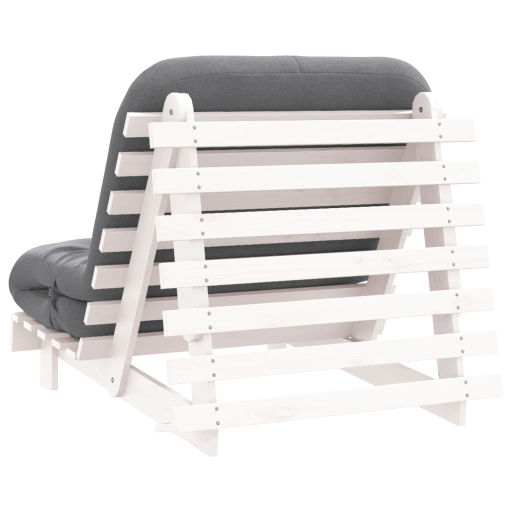 Close-up view of the Futon Sofa Bed with Mattress White 80x206x11 cm Solid Wood Pine highlighting the soft foam mattress and solid pine wood frame.