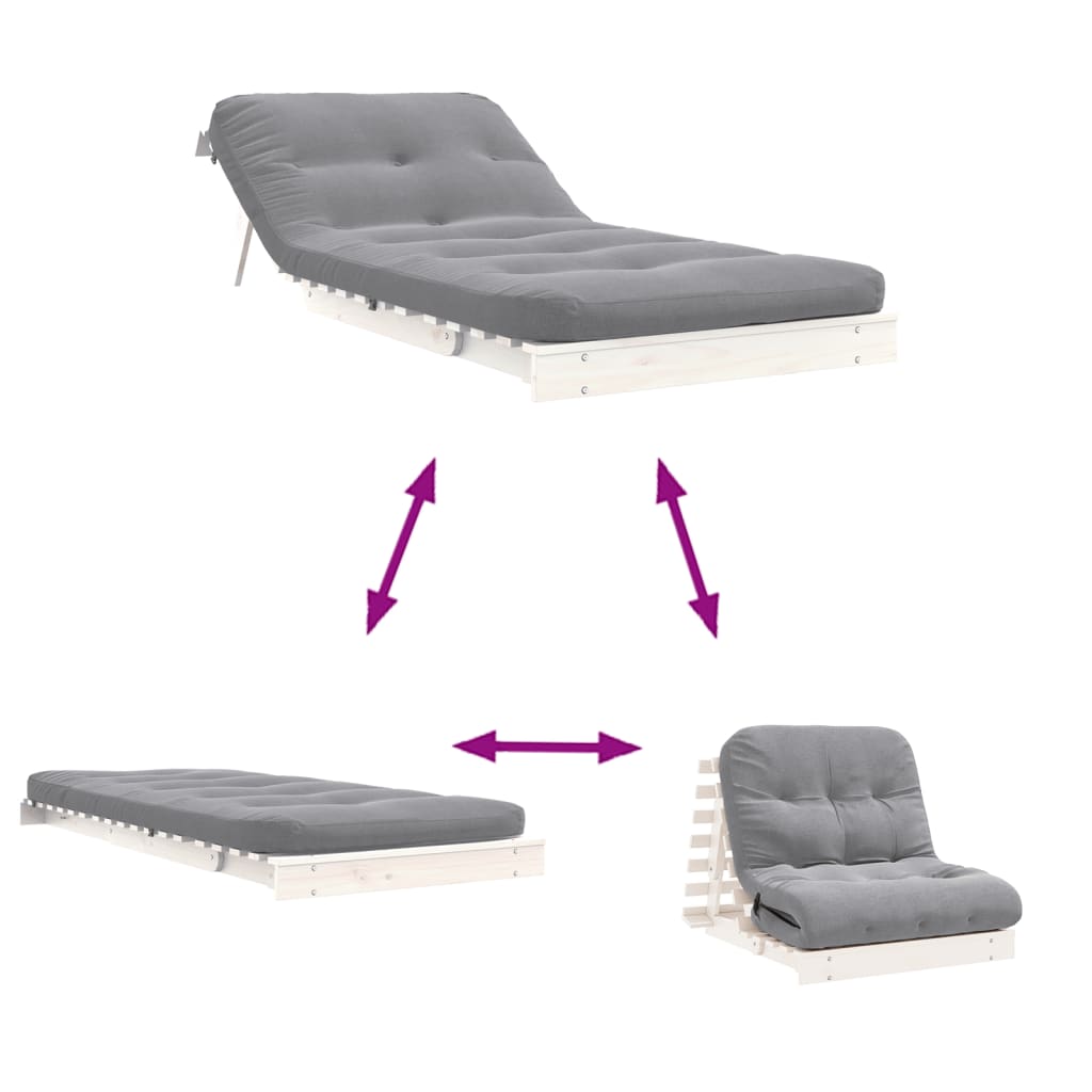 Futon Sofa Bed with Mattress White 80x206x11 cm Solid Wood Pine folded for easy storage, demonstrating its compact design.