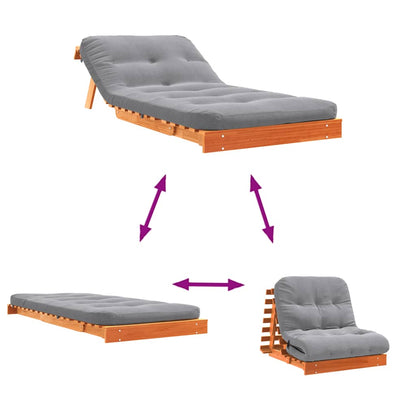 Comfortable Futon Sofa Bed with Grey Mattress, made of Solid Pine Wood, ideal for compact spaces, dimensions 90x206x11 cm.