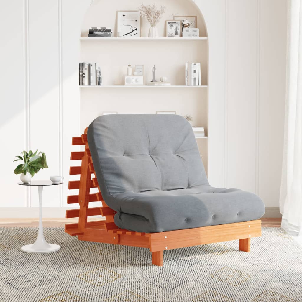 Futon Sofa Bed with Mattress in Wax Brown, dimensions 90x206x11 cm, made of solid pine wood, showing the adjustable backrest feature.