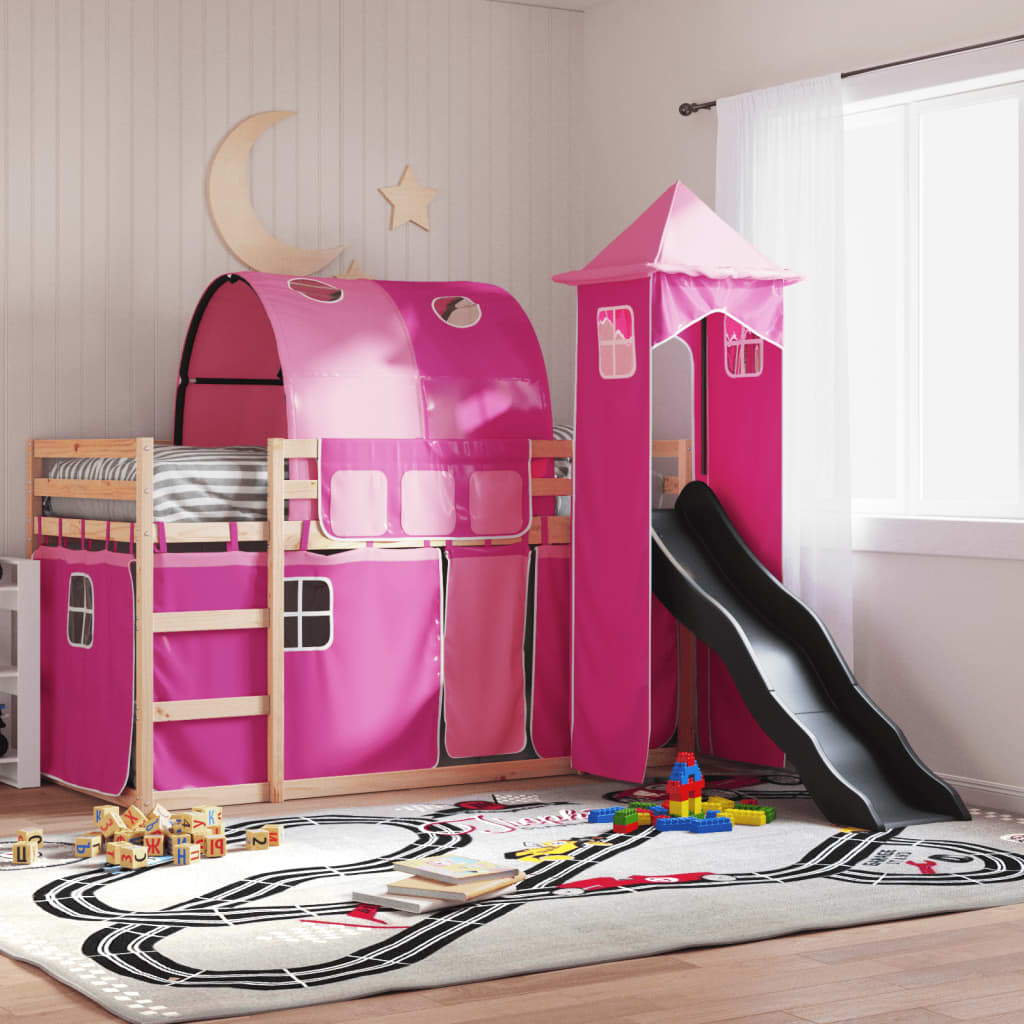 Bunk Bed without Mattress with Slide and Curtains Pink 90x190 cm Single