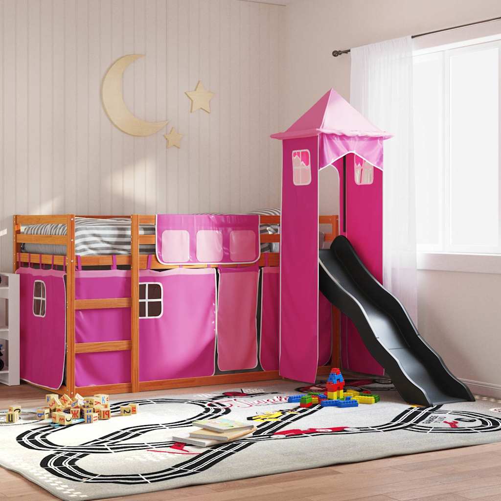 Bunk Bed without Mattress with Slide and Curtains Pink 90x200 cm