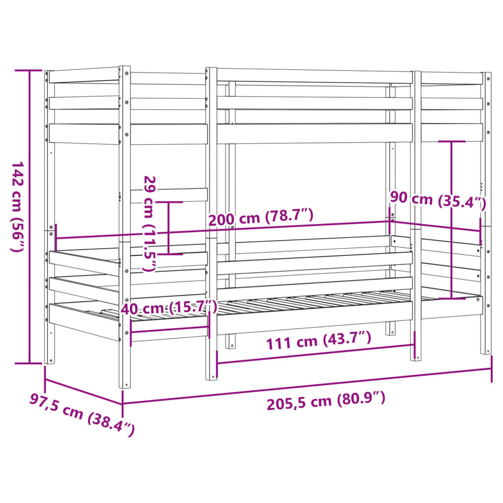 Bunk Bed without Mattress White 90x200 cm Solid Wood Pine