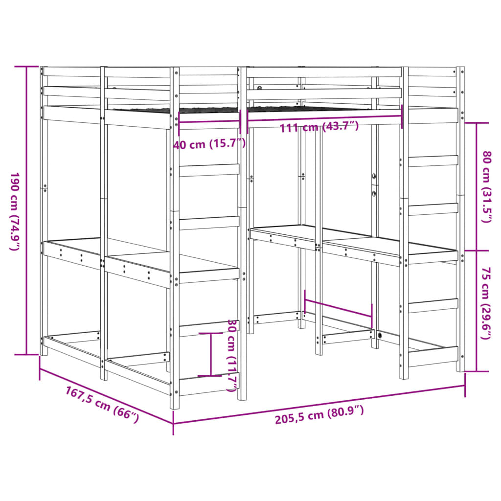 Loft Bed with Desk and Ladder Wax Brown 160x200 cm Solid Wood Pine