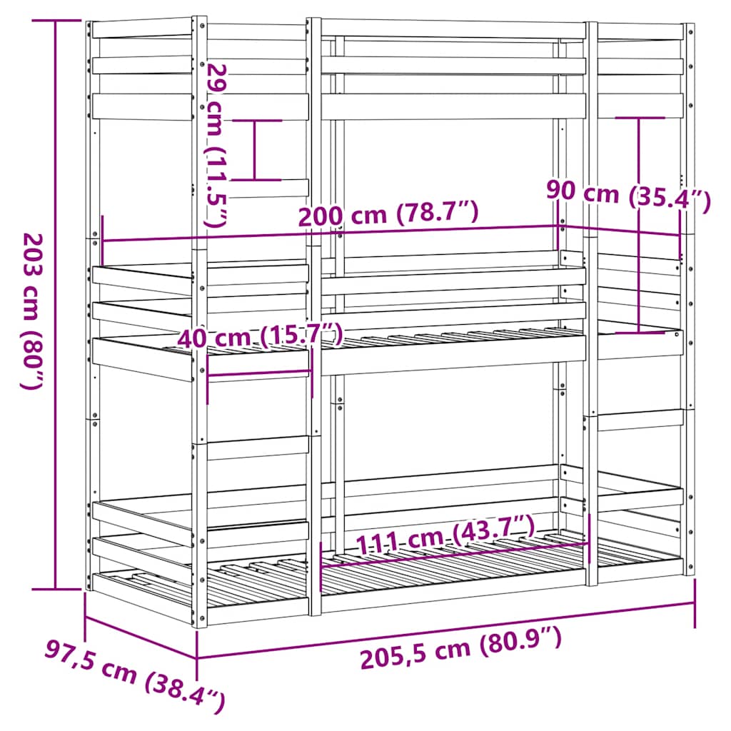 Triple Bunk Bed without Mattress White 90x200 cm Solid Wood Pine