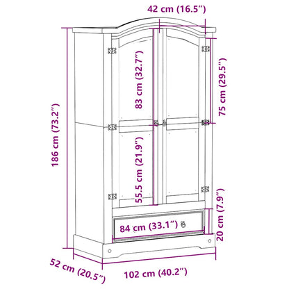 Wardrobe Corona White 102x52x186 cm Solid Wood Pine