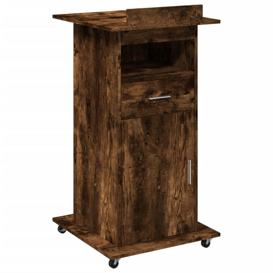 Lectern with Wheels & Drawer Smoked Oak 55x55x107 cm