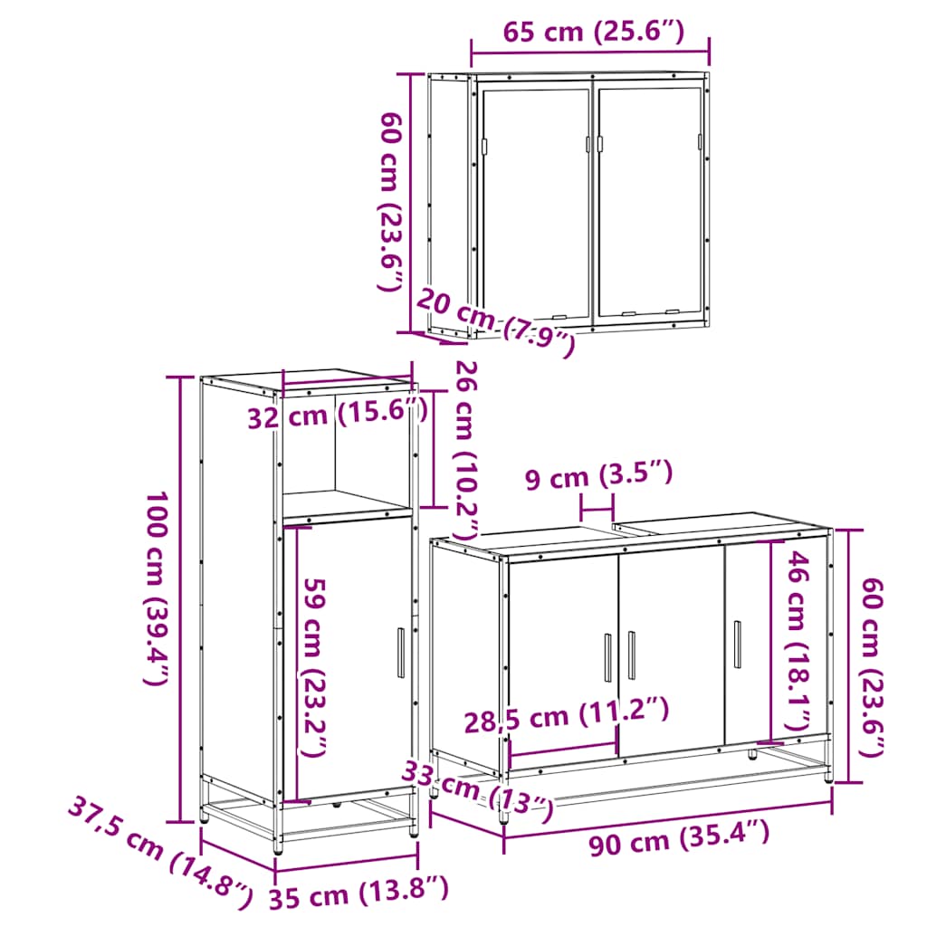 3 Piece Bathroom Furniture Set Sonoma Oak Engineered Wood