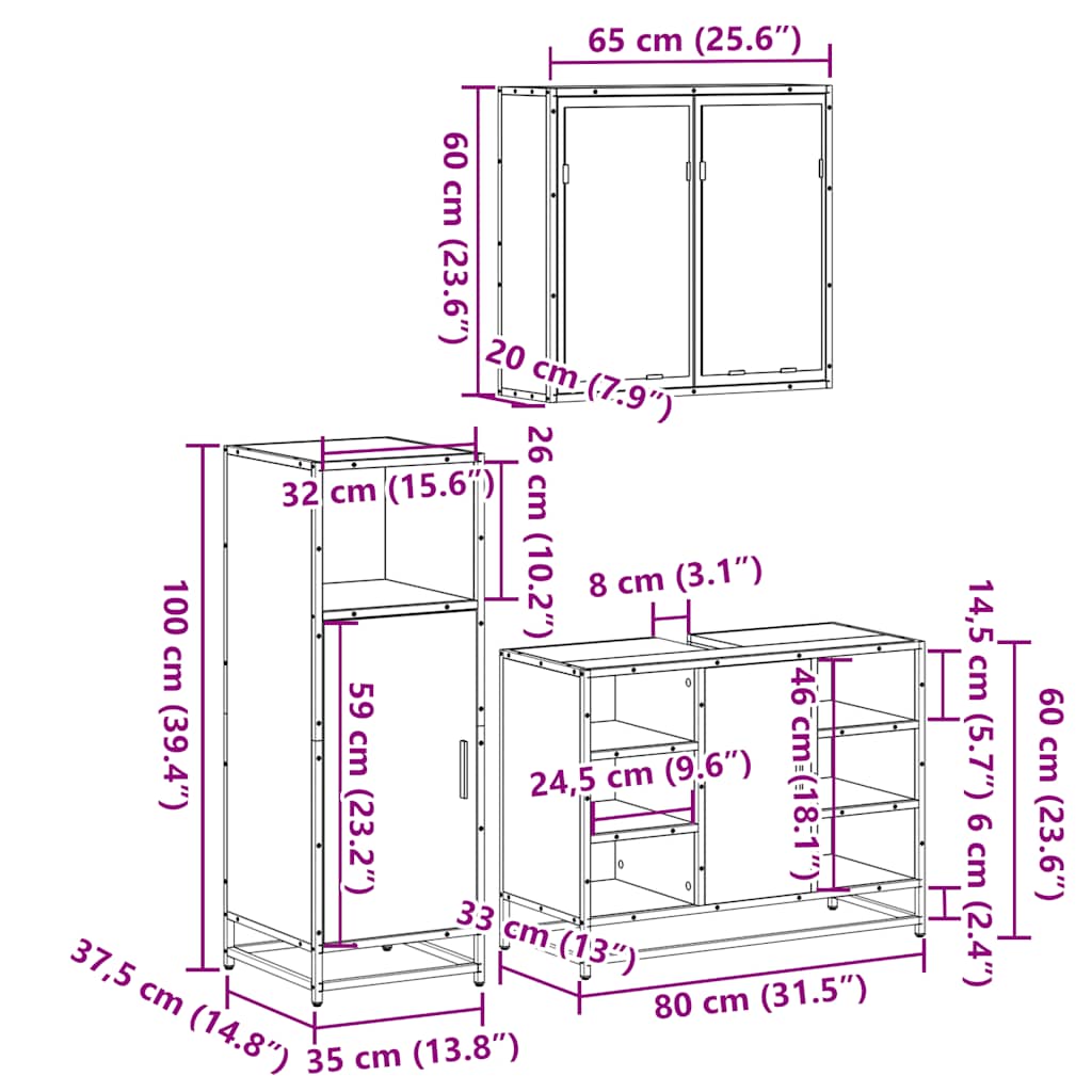 3 Piece Bathroom Furniture Set Grey Sonoma Engineered Wood