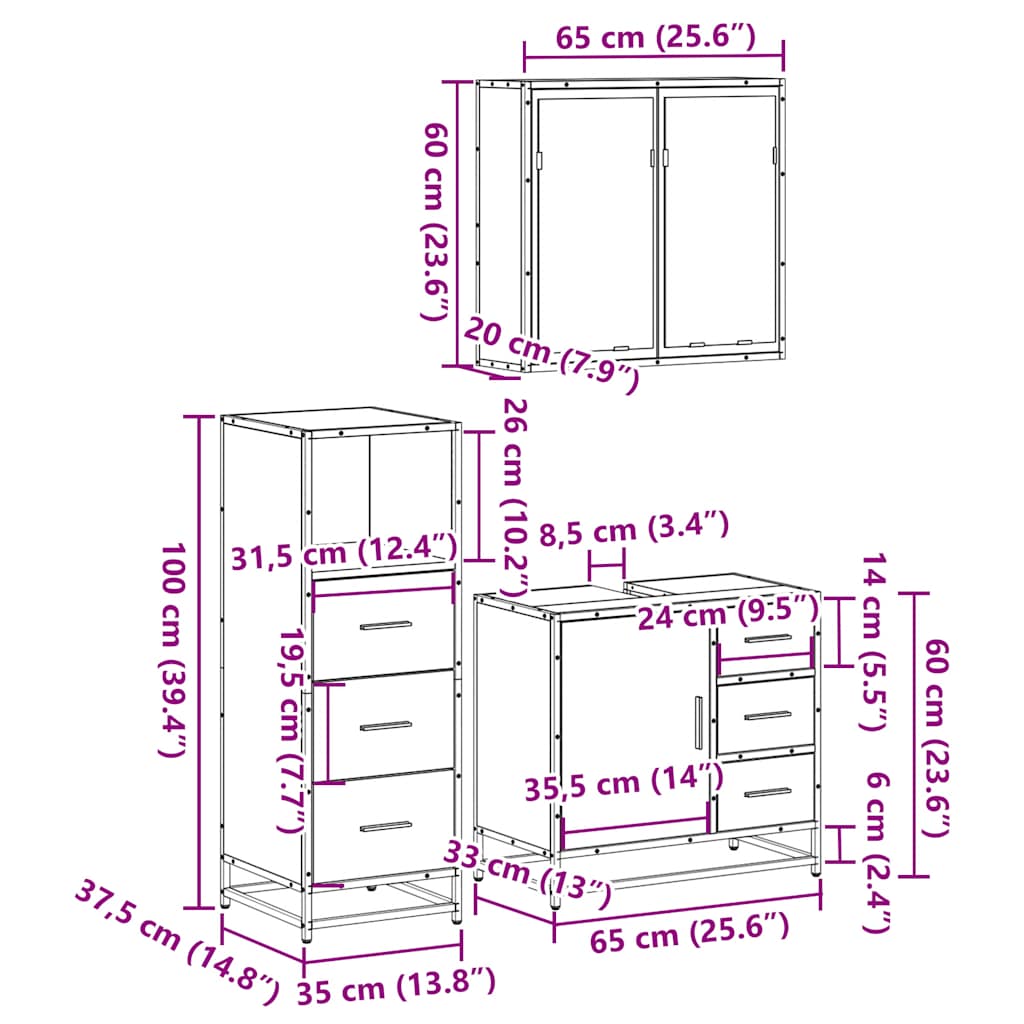 3 Piece Bathroom Furniture Set Sonoma Oak Engineered Wood
