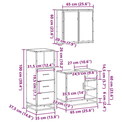 3 Piece Bathroom Furniture Set Smoked Oak Engineered Wood