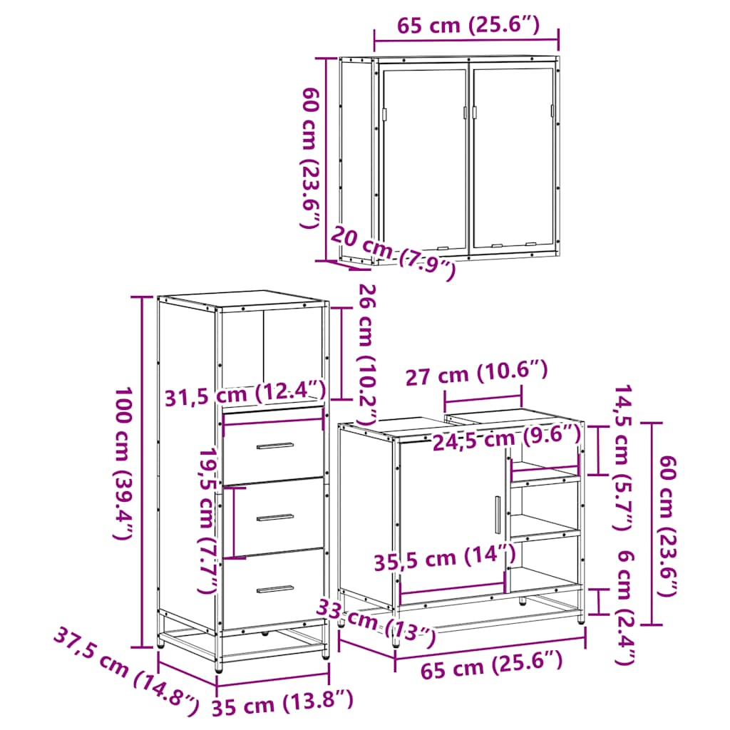 3 Piece Bathroom Furniture Set Grey Sonoma Engineered Wood