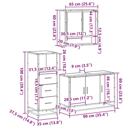 3 Piece Bathroom Furniture Set Brown Oak Engineered Wood