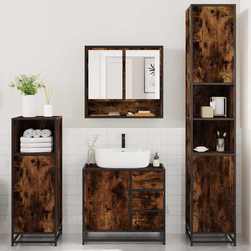 4 Piece Bathroom Furniture Set Smoked Oak Engineered Wood