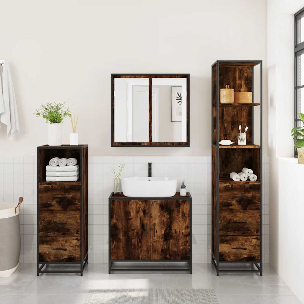 4 Piece Bathroom Furniture Set Smoked Oak Engineered Wood