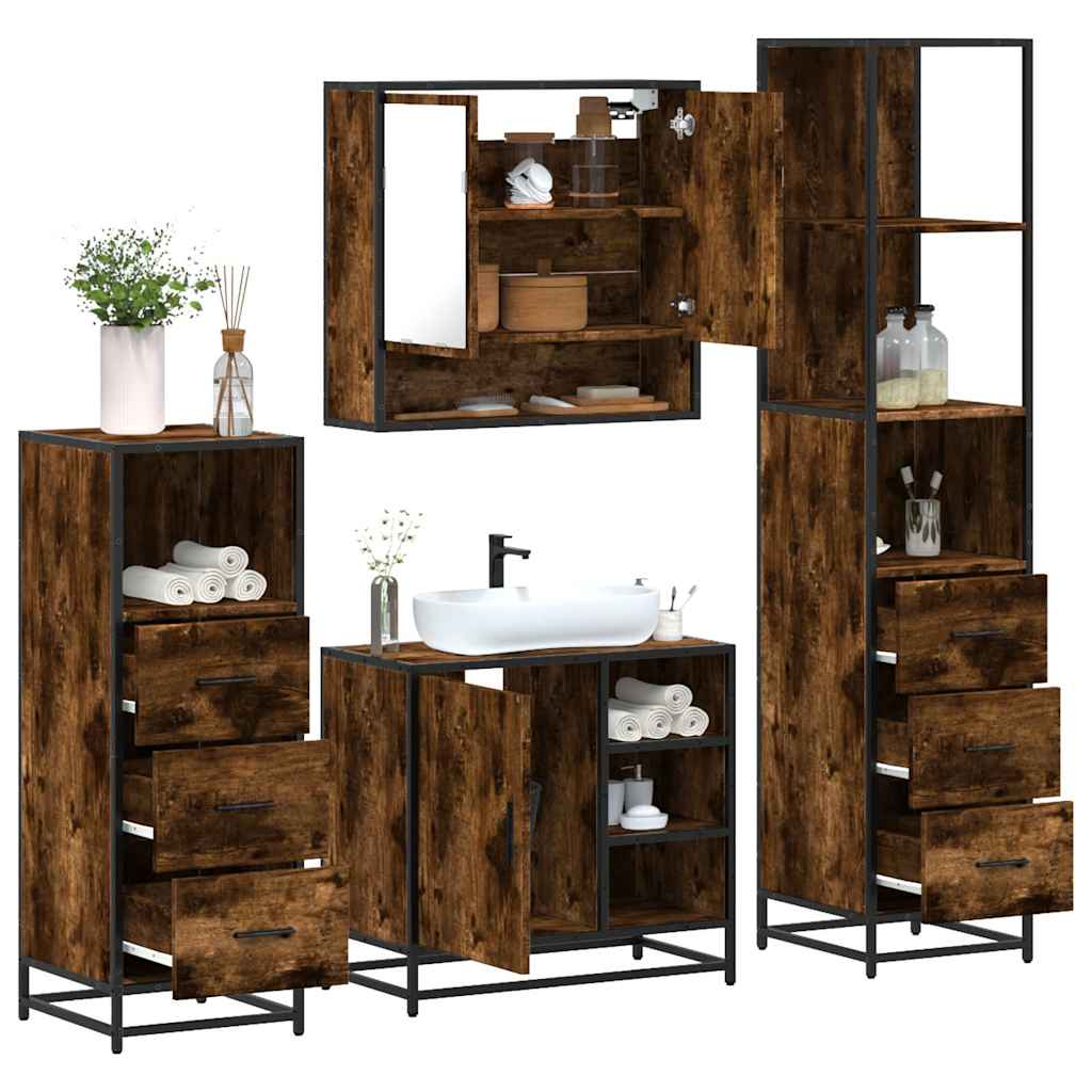 4 Piece Bathroom Furniture Set Smoked Oak Engineered Wood