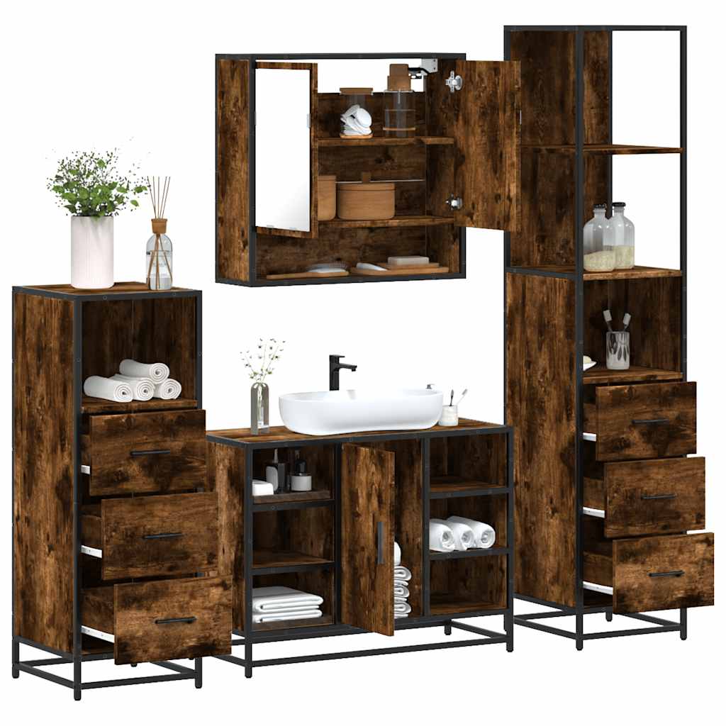 4 Piece Bathroom Furniture Set Smoked Oak Engineered Wood