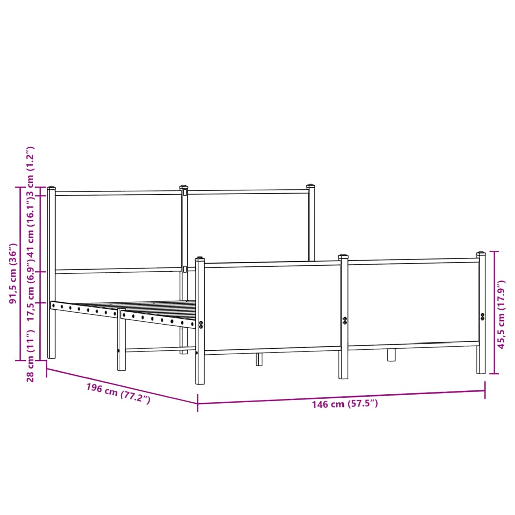 Metal Bed Frame without Mattress Brown Oak 140x190 cm