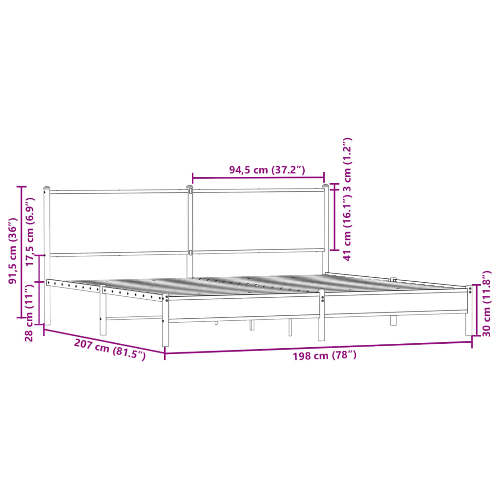 Metal Bed Frame without Mattress Sonoma Oak 193x203 cm