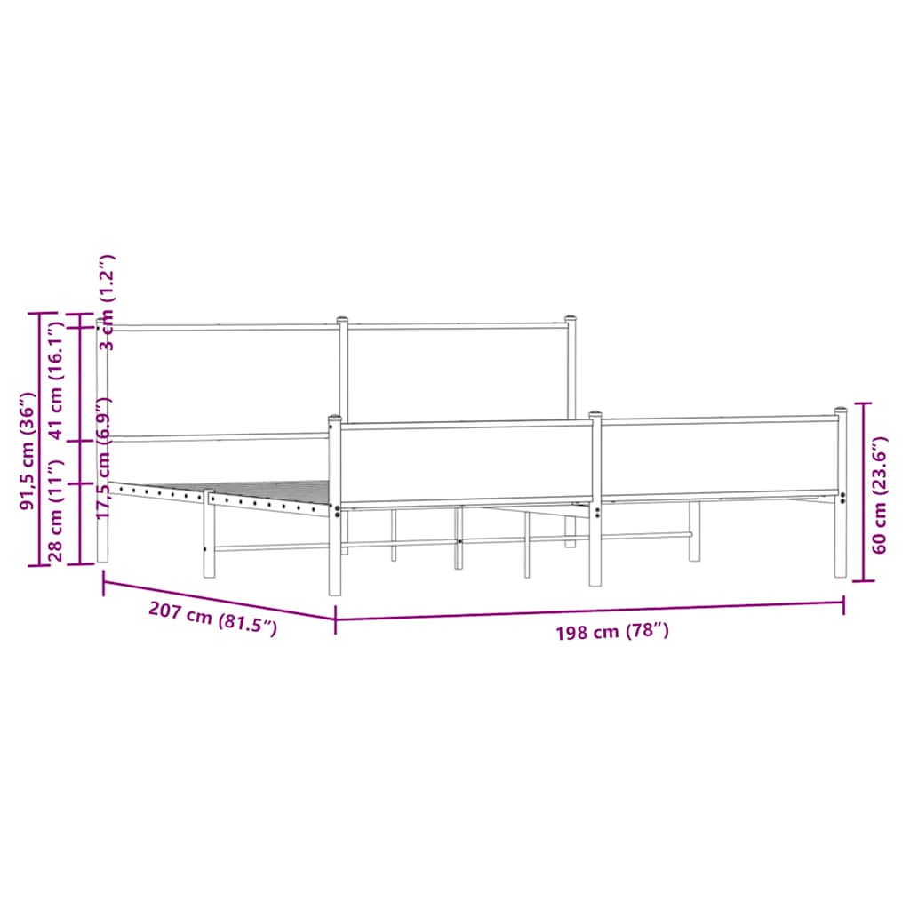 Metal Bed Frame without Mattress Sonoma Oak 193x203 cm