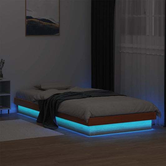 LED Bed Frame without Mattress Wax Brown 75x190 cm Solid Wood