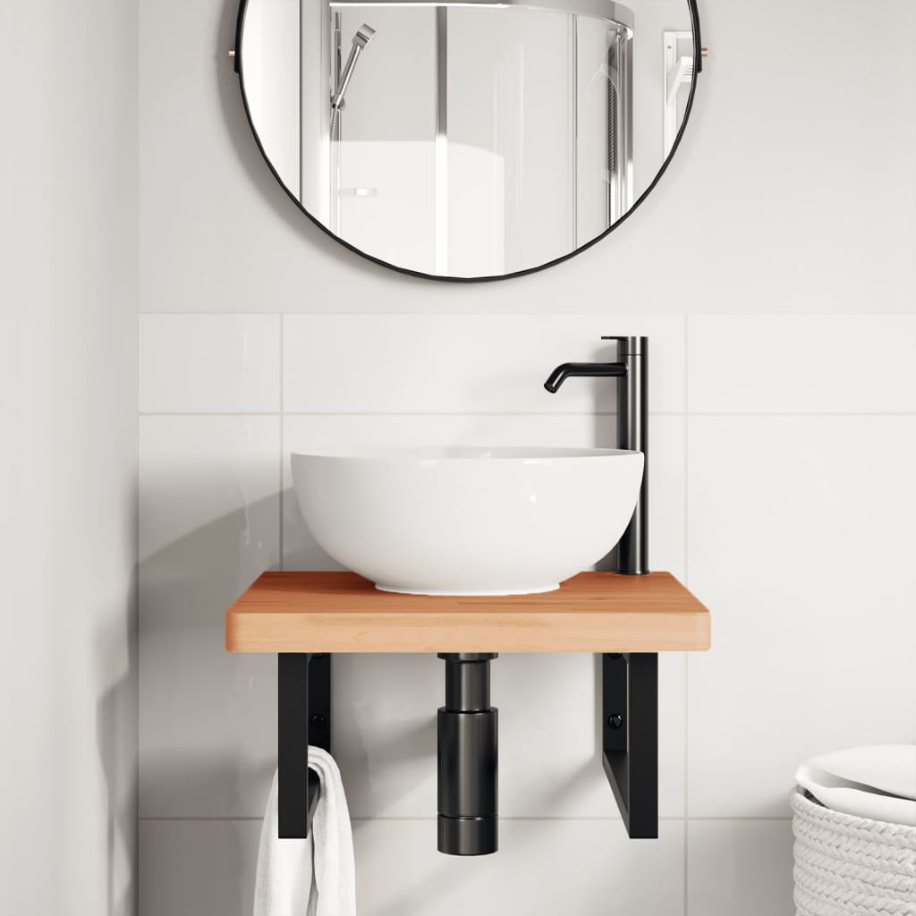Basin Shelf Wall Mounted Steel and Solid Wood Beech