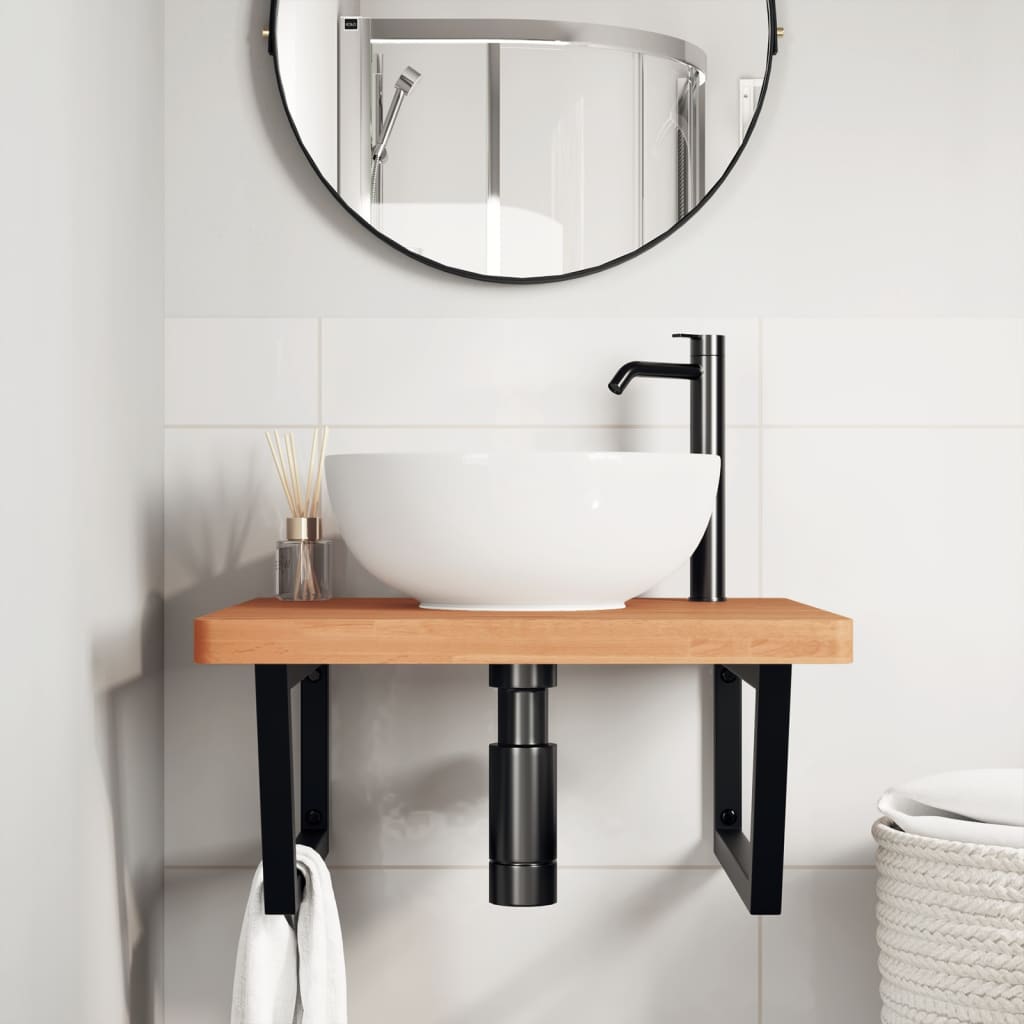 Basin Shelf Wall Mounted Steel and Solid Wood Beech
