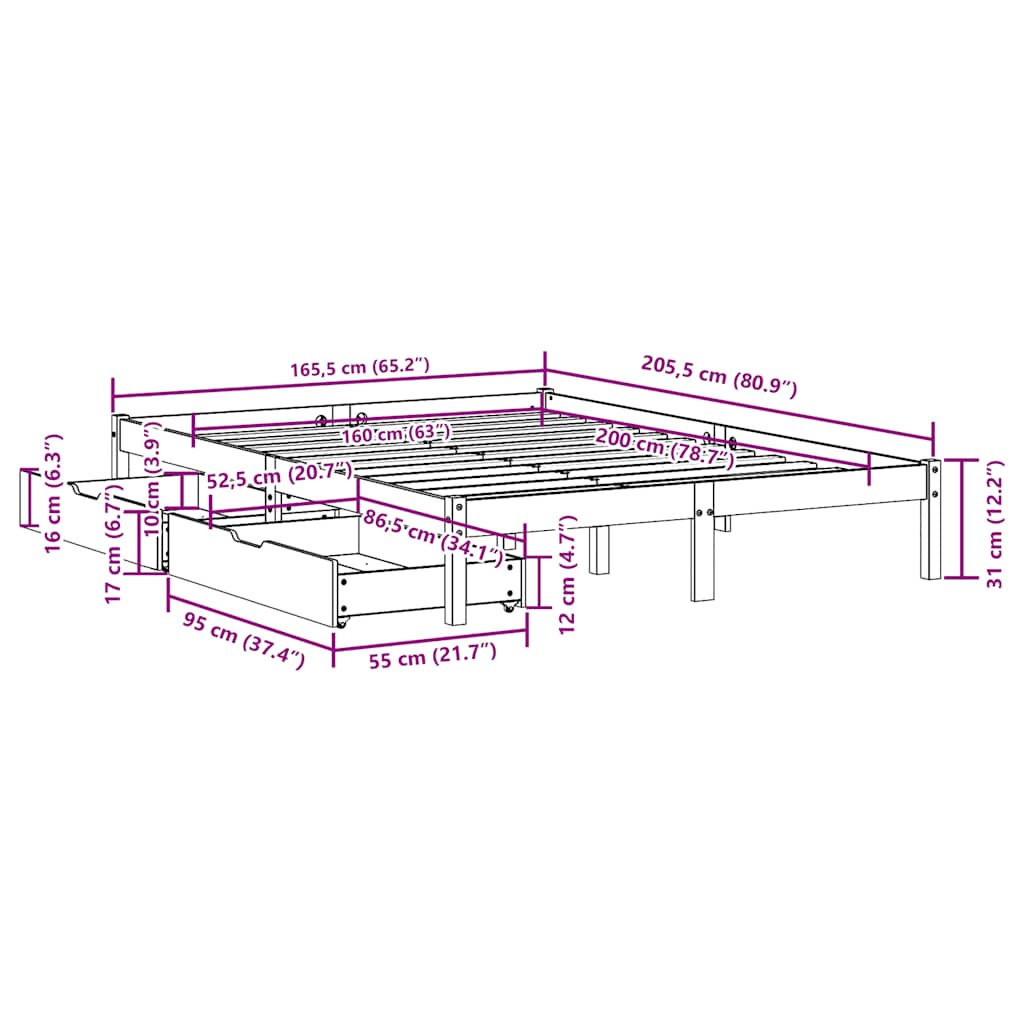 Bed Frame without Mattress White 160x200 cm Solid Wood Pine