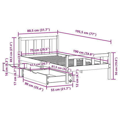 Bed Frame without Mattress Wax Brown 75x190 cm Small Single Solid Wood Pine