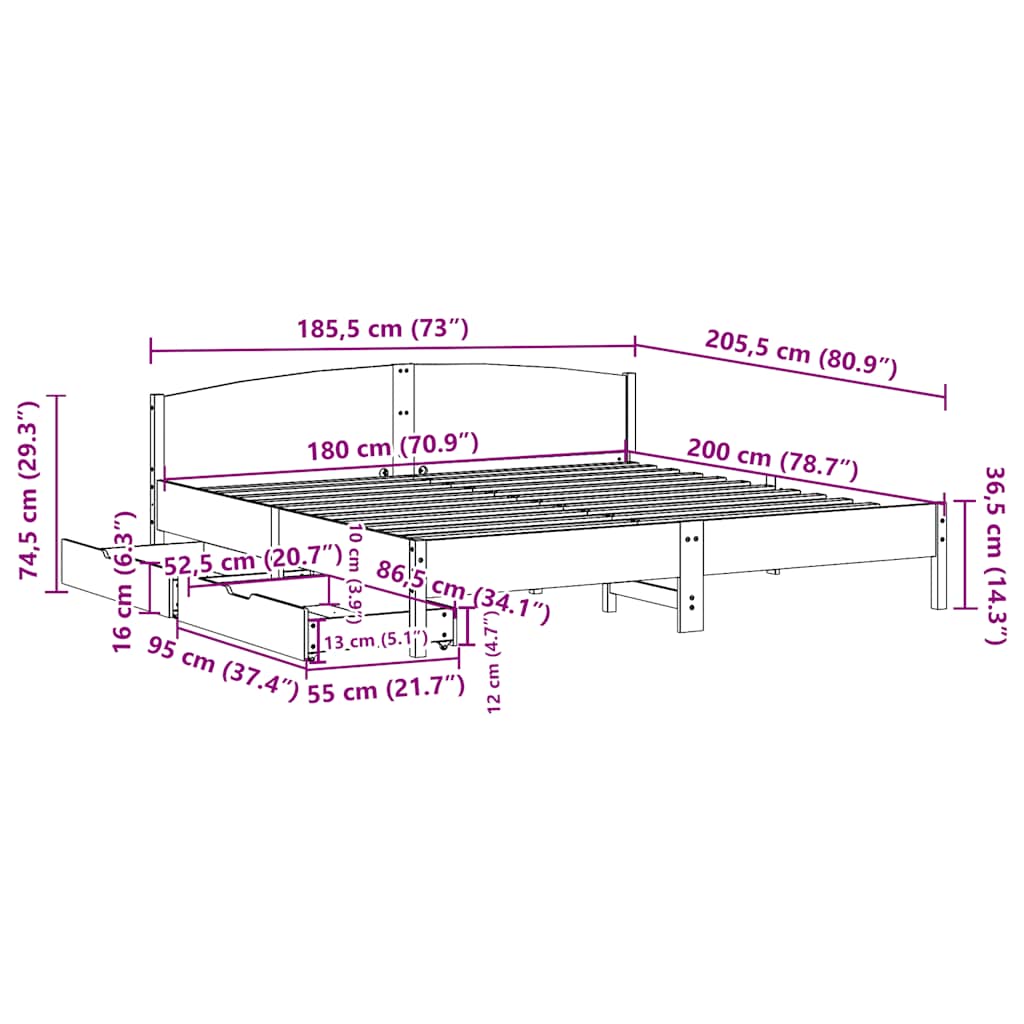 Bed Frame without Mattress White 180x200 cm Super King Solid Wood Pine