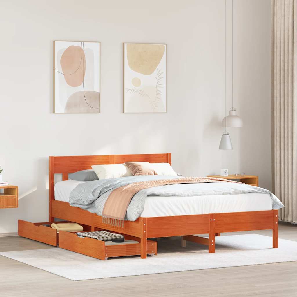 Bed Frame without Mattress Wax Brown 135x190 cm Double Solid Wood Pine